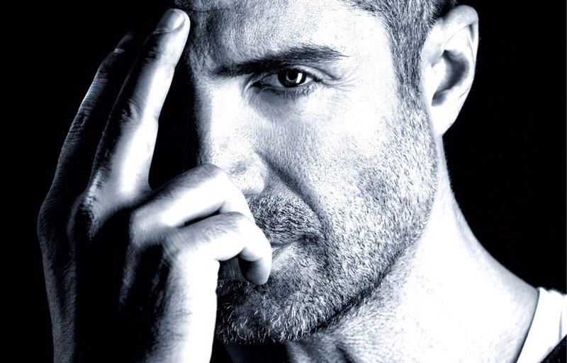 Man with Hand on Face — Black, Dramatic, Photograph