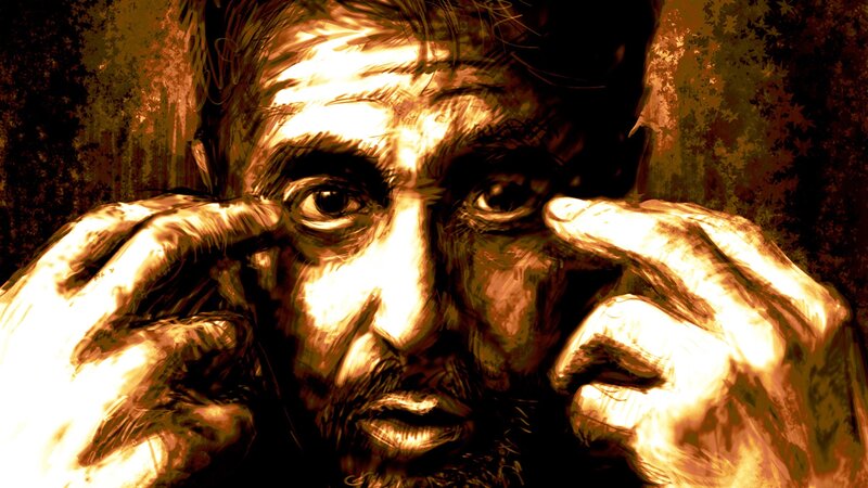 Man with Hands on Face — Brown, Dramatic