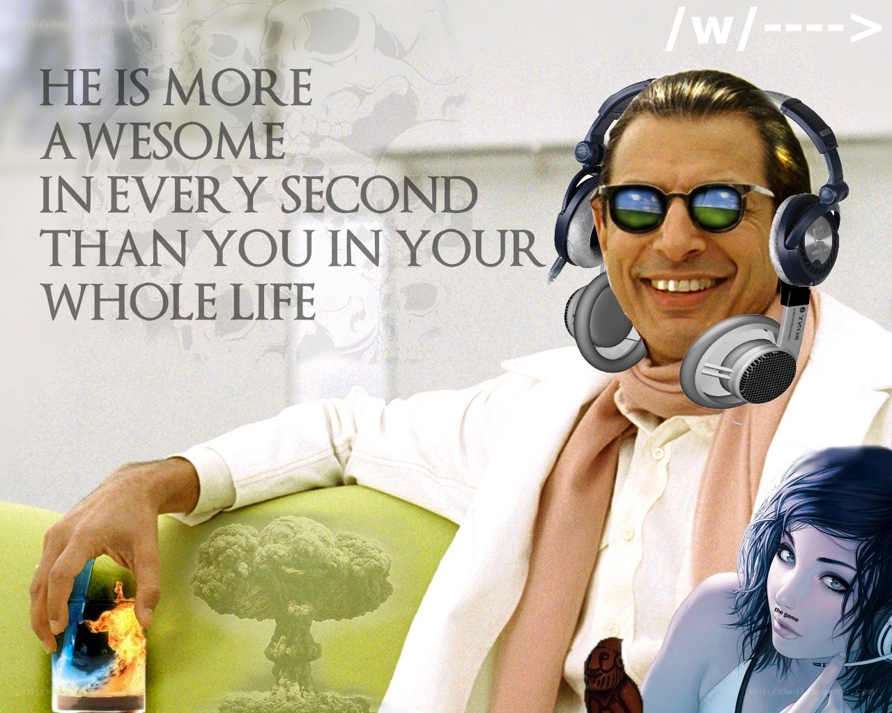 Man with headphones and text