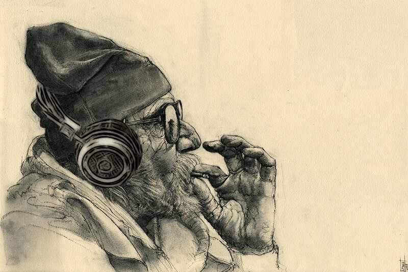 man with headphones sketch