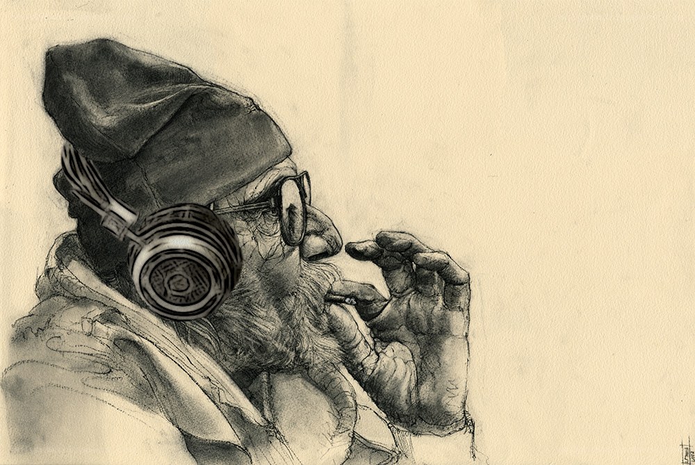 man with headphones sketch