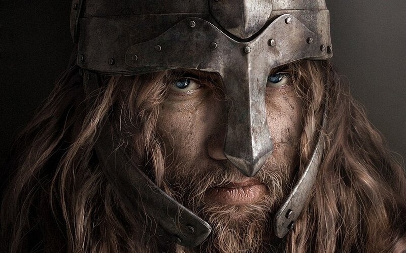 Man with Helmet and Long Hair — Brown, Dramatic