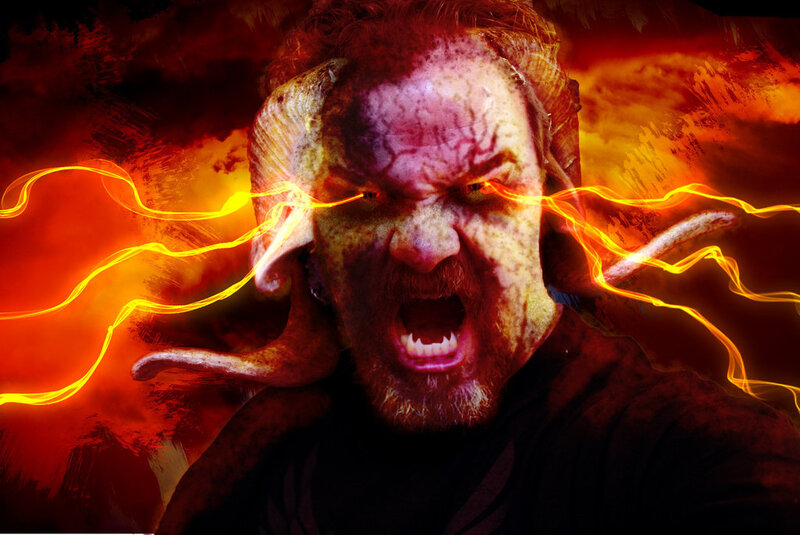 Man with Horns and Glowing Eyes
