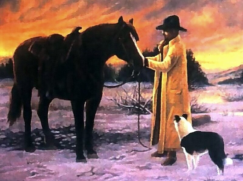 Man with horse and dog at sunset