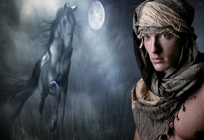 Man with Horse in Moonlight