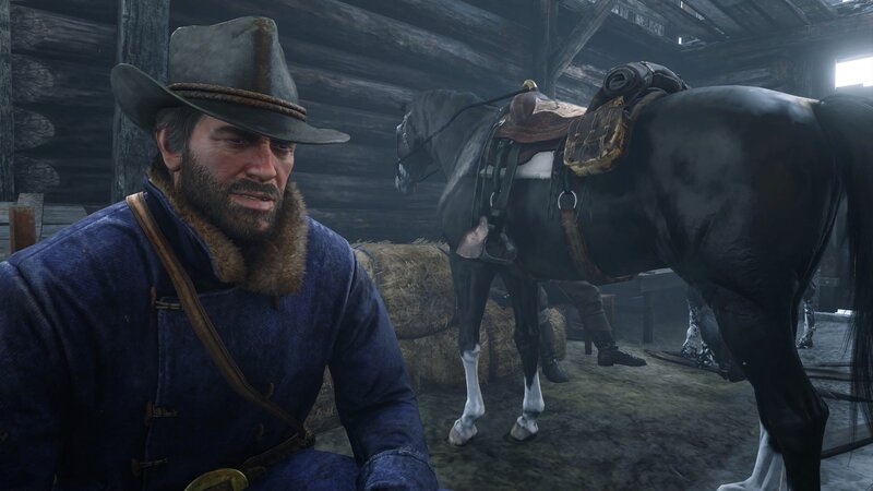 Man with Horse in Stable — Blue