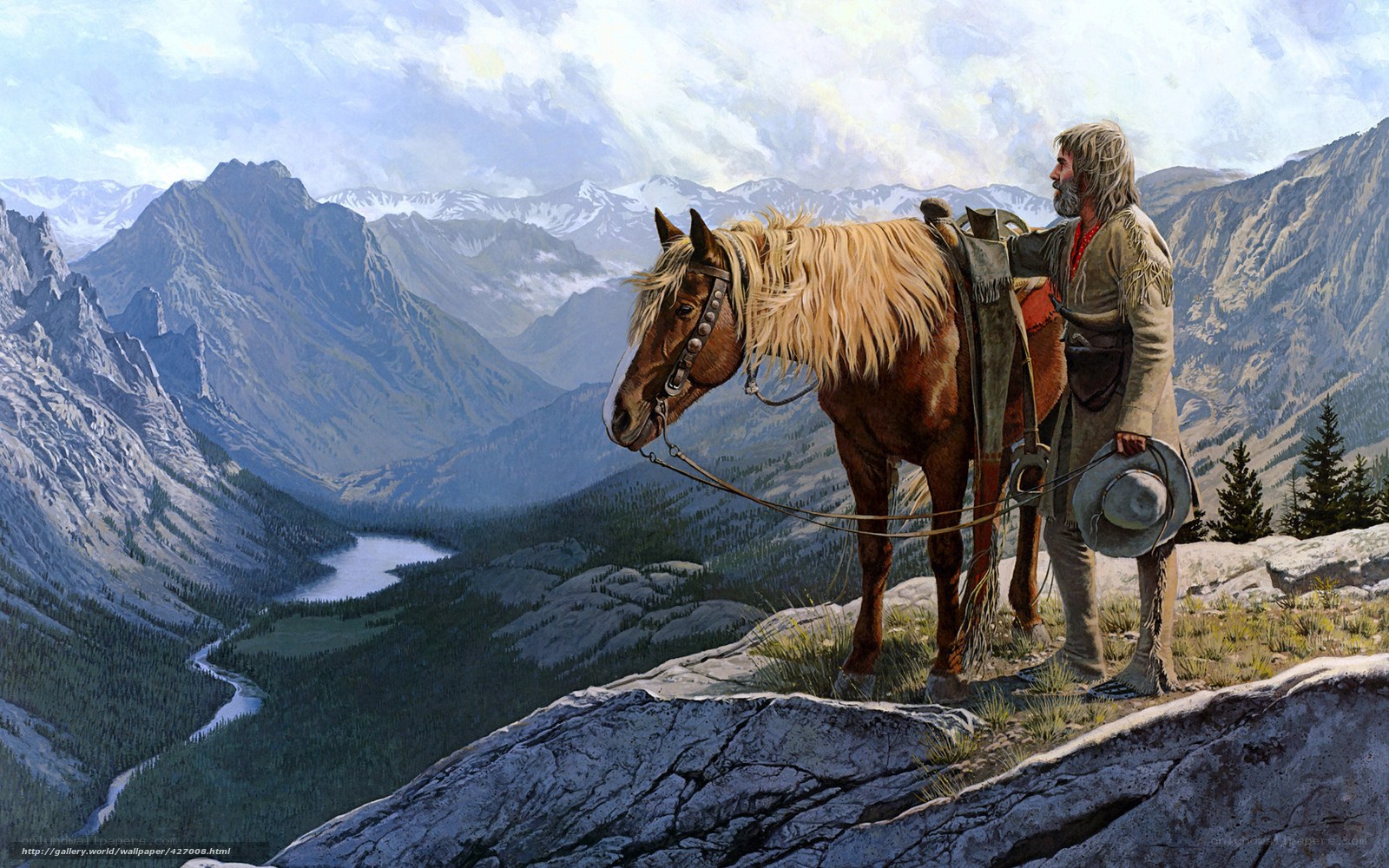 Man with horse on mountain peak