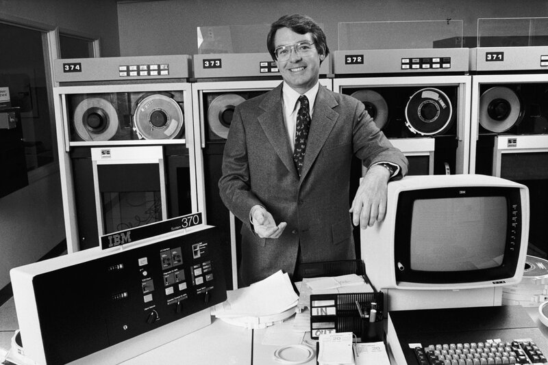 Man with IBM computer system