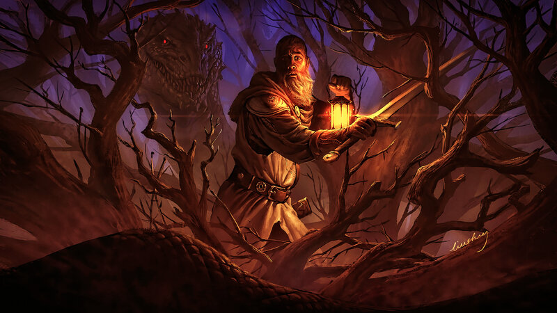 Man with Lantern in Forest — Brown