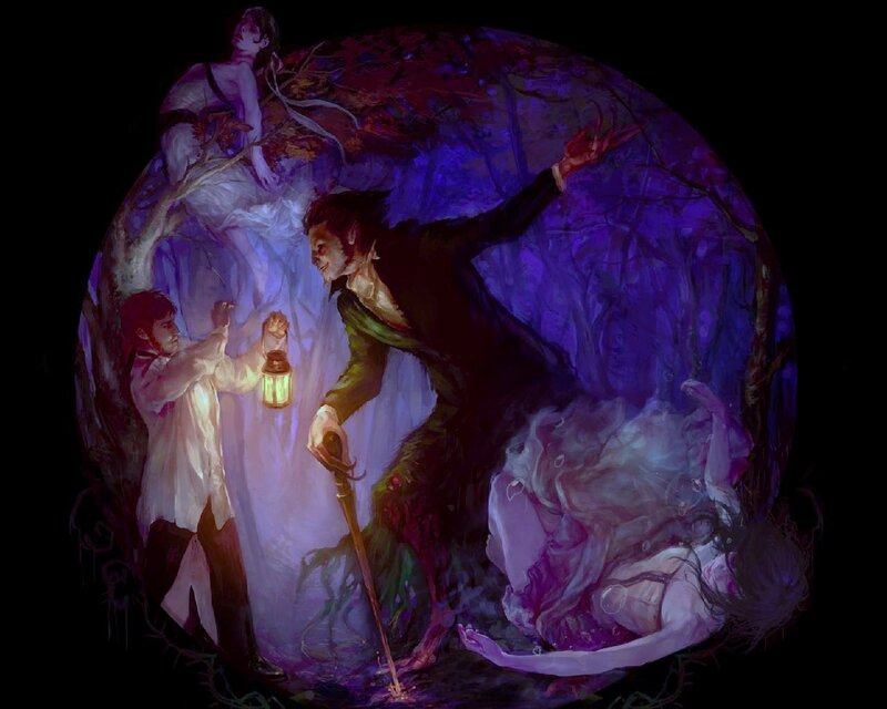 Man with Lantern in Forest — Purple