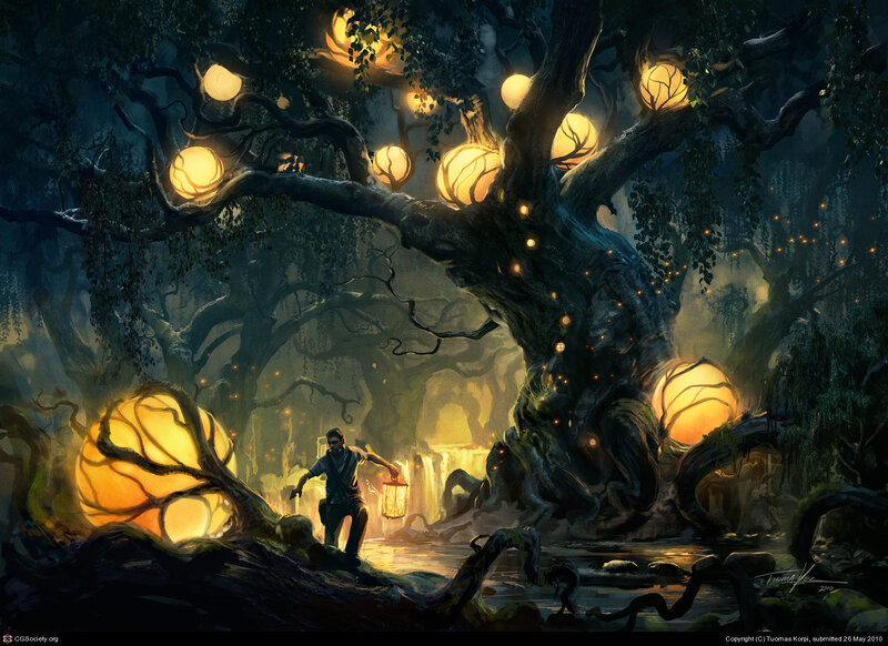 Man with Lantern in Forest