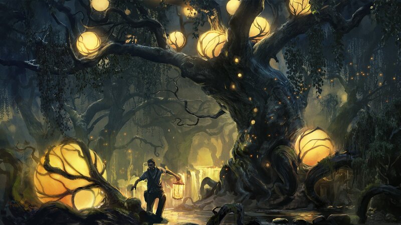 Man with Lantern in Forest — Yellow, Mysterious, Night, Digital Art