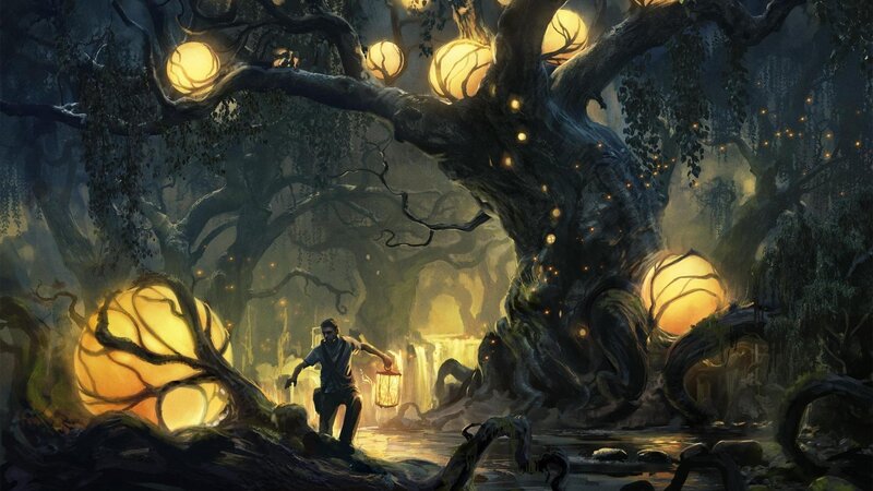 Man with Lantern in Forest — Yellow, Mysterious, Night, Digital Art, Tree, Stream