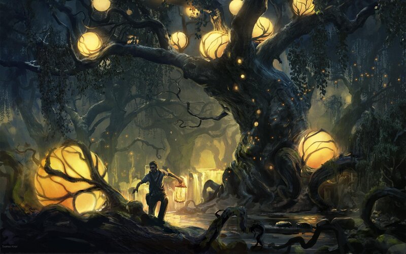 Man with Lantern in Forest — Yellow, Mysterious, Night, Digital Art, Tree