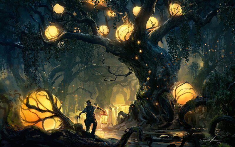 Man with Lantern in Forest — Yellow, Mysterious, Night