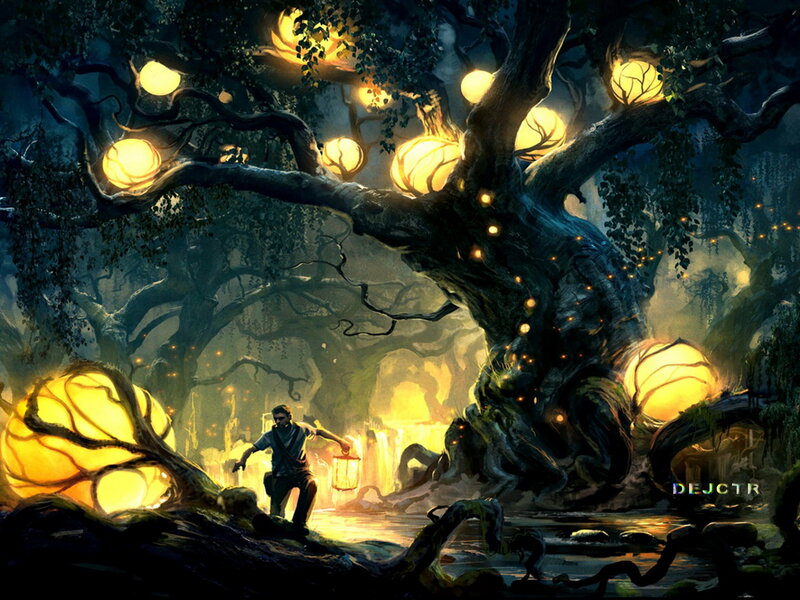 Man with Lantern in Forest — Yellow, Mysterious