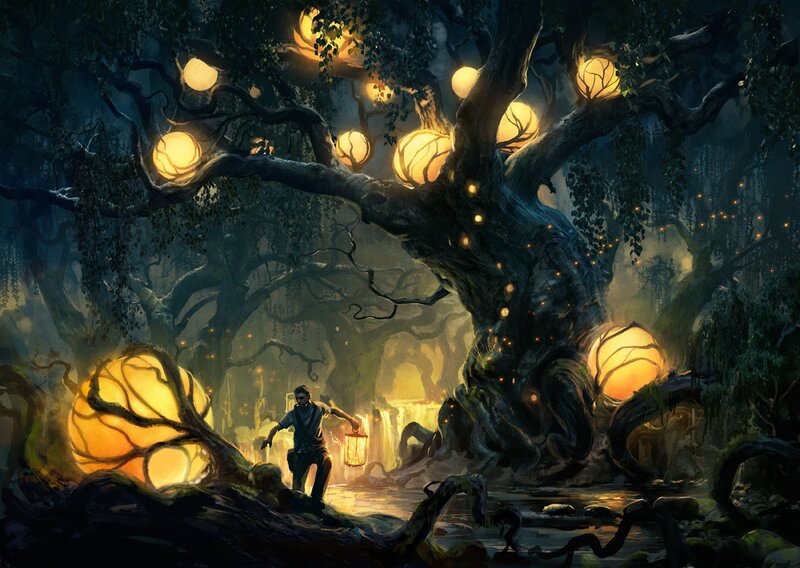 Man with Lantern in Forest — Yellow