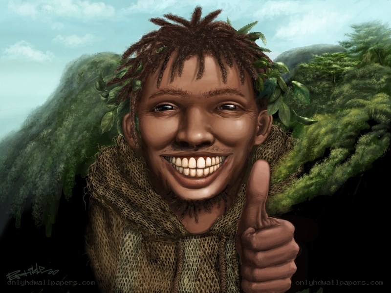 man with leaf crown giving thumbs up