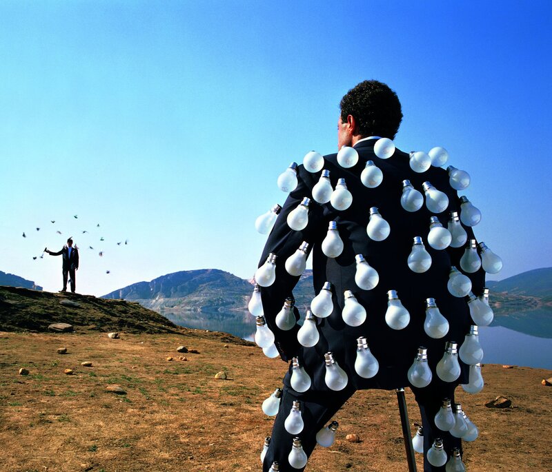 Man with Light Bulbs — Blue, Dramatic