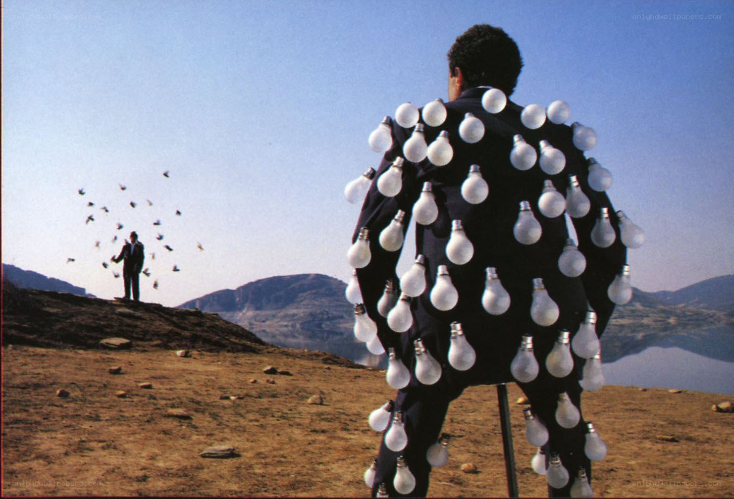 Man with light bulbs on back