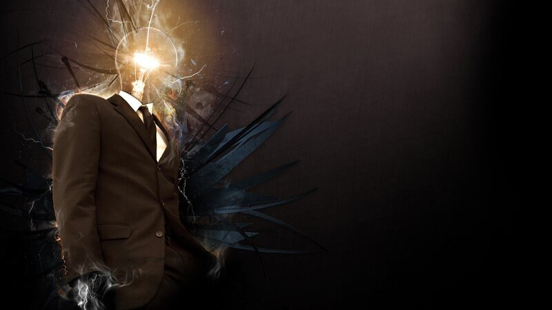 Man with Lightbulb Head — Black, Dramatic, Digital Art, Suit, Electricity, Brown, Yellow