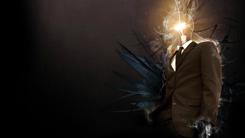 Man with Lightbulb Head — Black, Dramatic, Digital Art, Suit