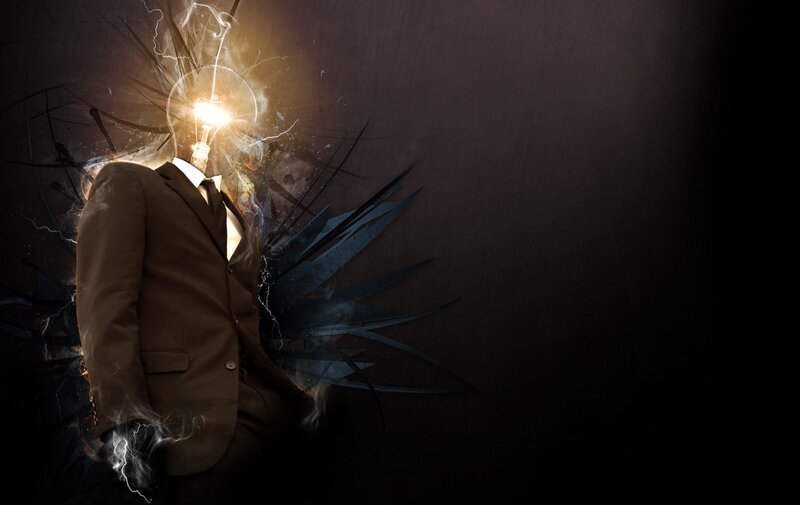Man with Lightbulb Head — Black, Dramatic, Digital Art