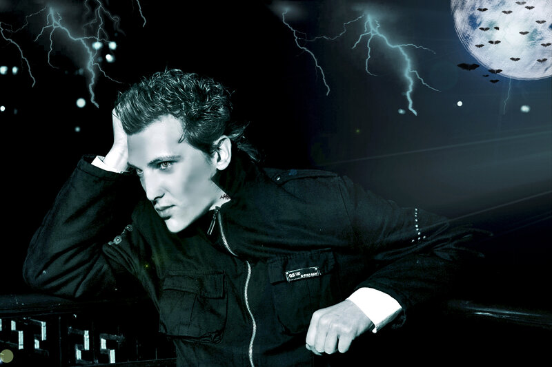 man with lightning background