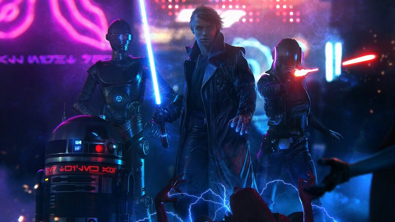 Man with Lightsaber — Blue, Dramatic, Night, Digital Art