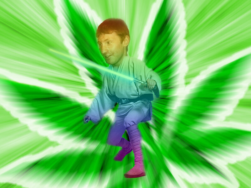 man with lightsaber on cannabis leaf