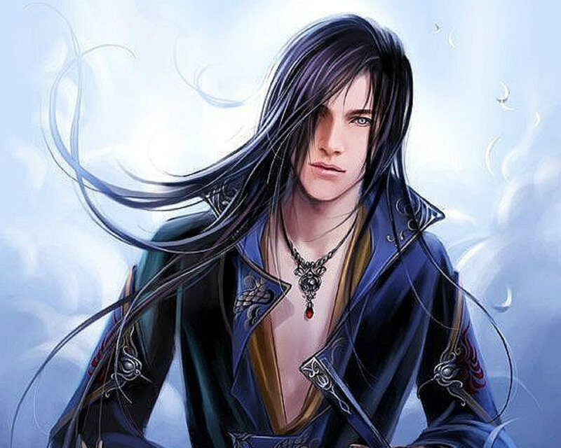 Man with Long Black Hair — Blue, Dramatic