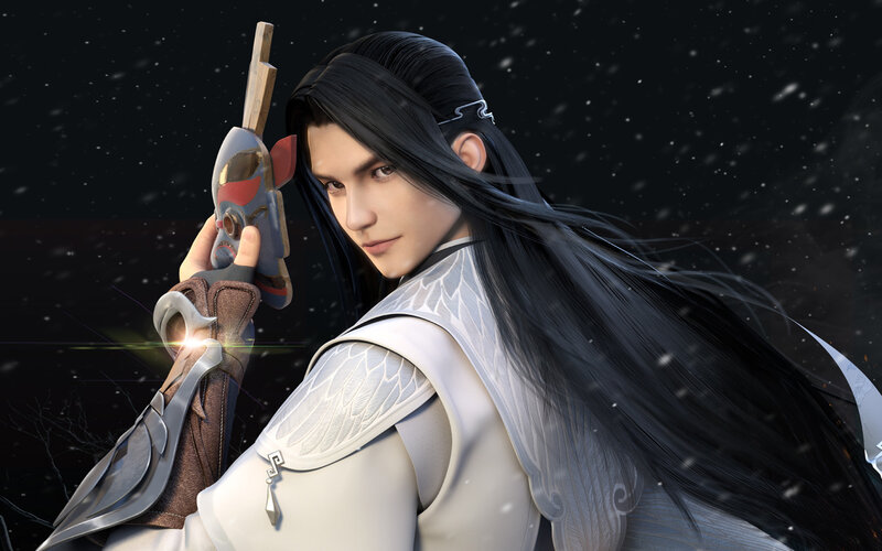 Man with Long Black Hair — White, Dramatic