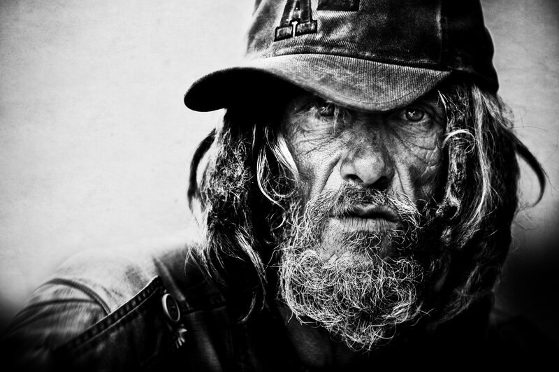 Man with Long Hair and Beard — Black, Dramatic, Photograph, Hat, Jacket, White