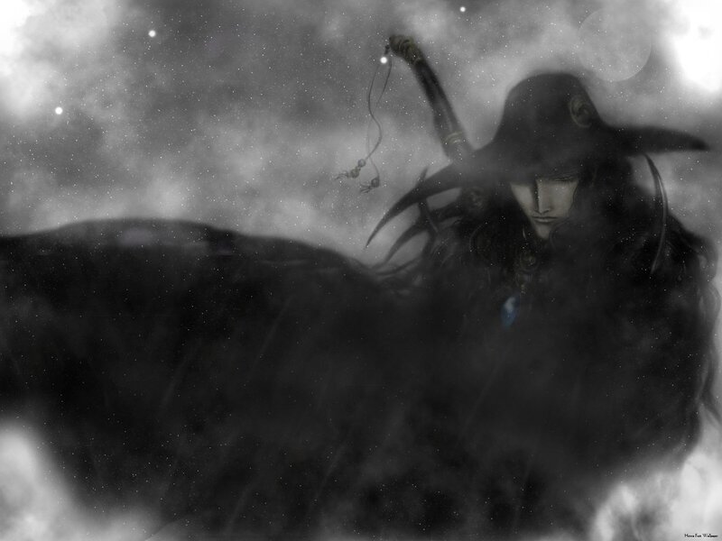 Man with Long Hair and Hat — Black, Dramatic, Night