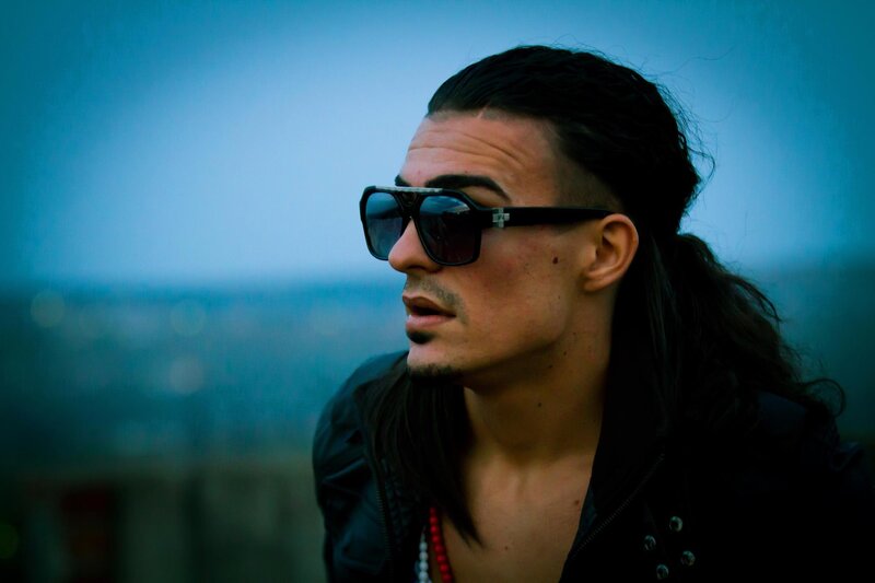 Man with Long Hair and Sunglasses — Blue