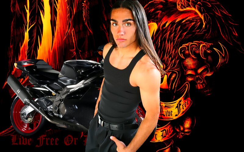 Man with Long Hair — Black, Dramatic, Digital Art, Motorcycle