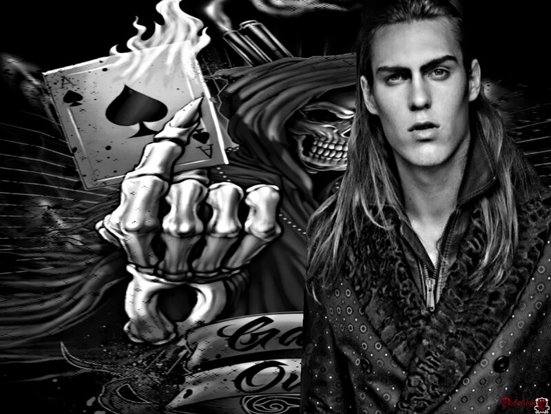 Man with Long Hair — Black, Dramatic, Digital Art, Skeleton Hand