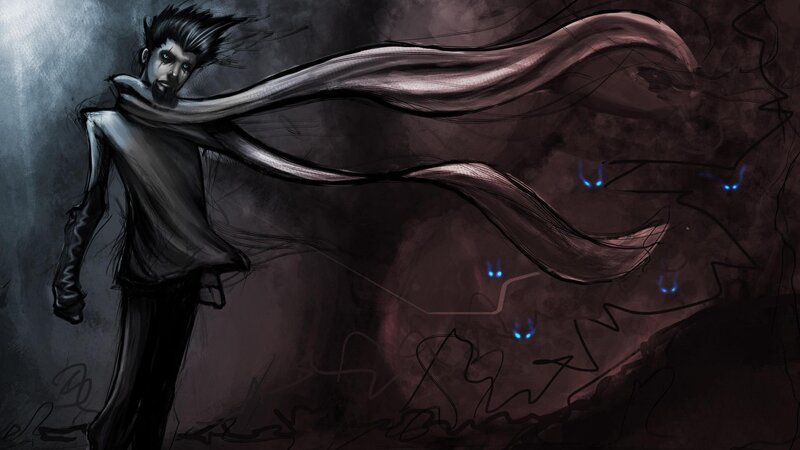 Man with Long Hair — Black, Dramatic, Night