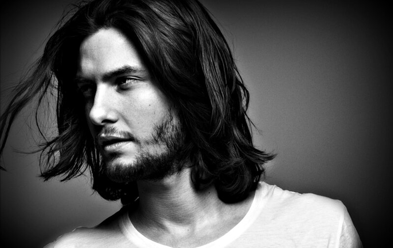 Man with Long Hair — Black, Dramatic, Photograph, Beard, T-shirt