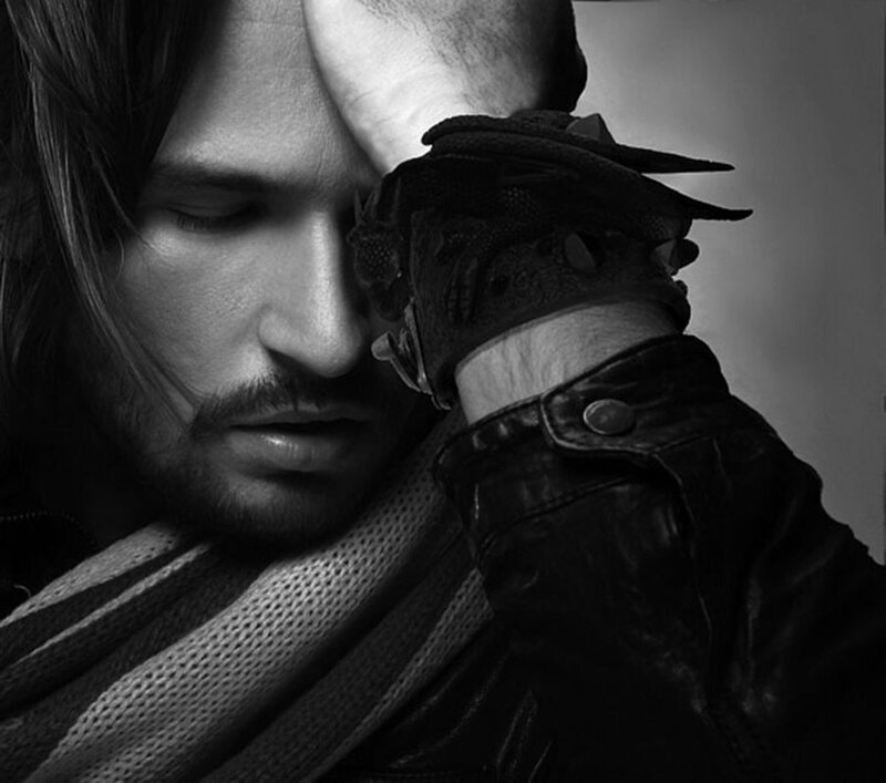 Man with Long Hair — Black, Dramatic, Photograph, Scarf