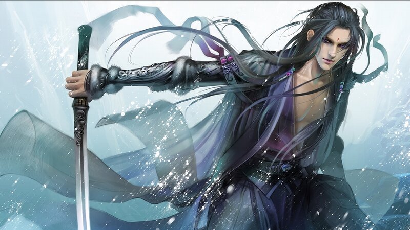 Man with Long Hair Holding Sword — Black, Dramatic