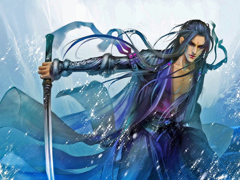 Man with Long Hair Holding Sword — Blue, Dramatic