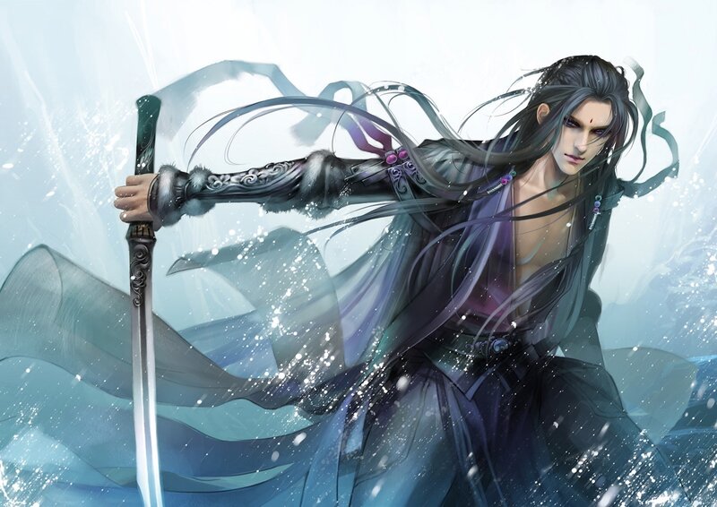 Man with Long Hair Holding Sword — Blue