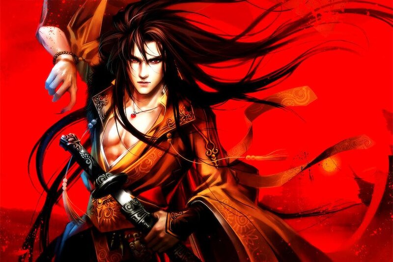 Man with Long Hair Holding Sword — Red, Dramatic