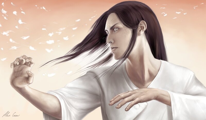 man with long hair in white robe