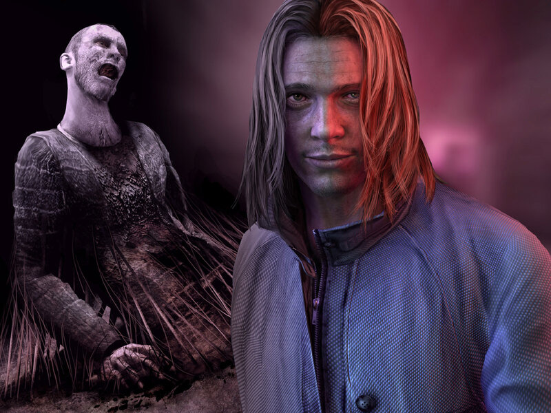 Man with Long Hair — Purple, Dramatic, Digital Art