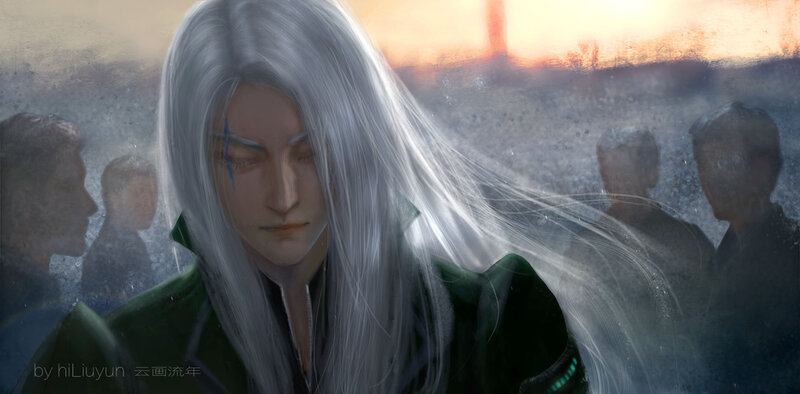 Man with Long White Hair — Dramatic, Sunset