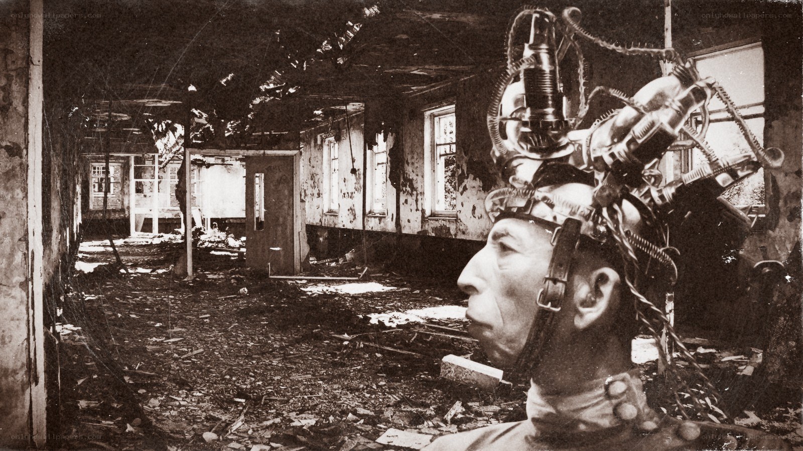 Man with mechanical head in ruin