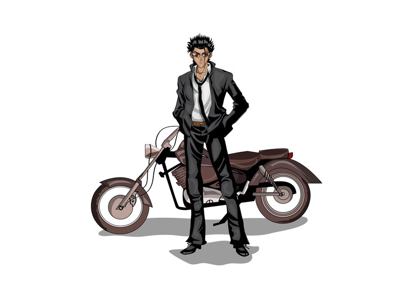 man with motorcycle character
