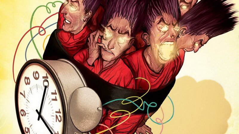 Man with multiple faces and clock